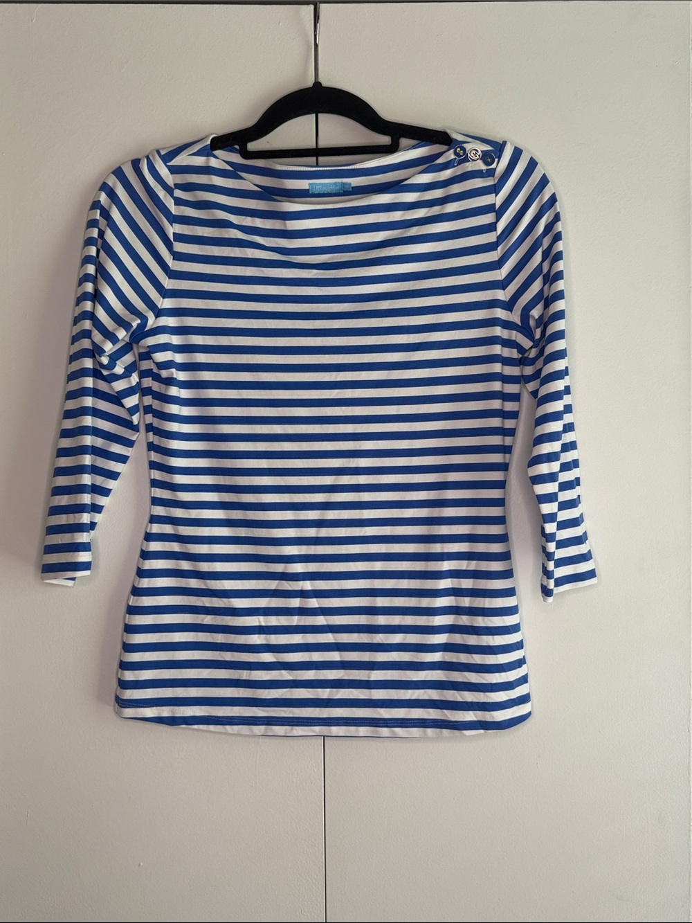 J. McLaughlin Blue and White Striped Boatneck Top with Shoulder Buttons